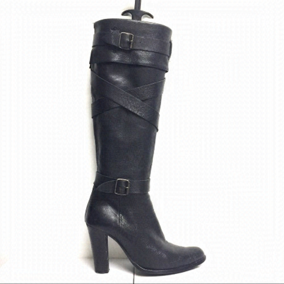 Browns Knee High Leather Boots Heel Straps Black - Picture 1 of 8